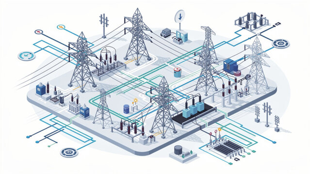 Electrical Power Grid with Transmission Towers and Utility Infrastructure Illustration