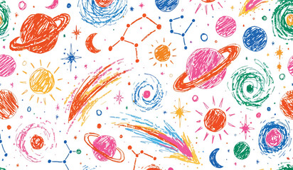 Colorful hand drawn space background with planets stars constellations and galaxies in a vibrant crayon texture style for educational or playful children room decorations © RANGER BYTE