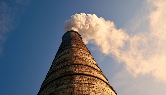Tall industrial smokestack emits billowing white smoke against a clear blue sky