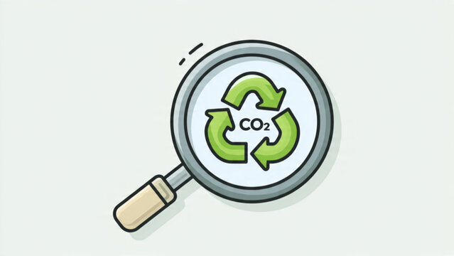 Magnifying glass focusing on eco recycling symbol with CO2 text and arrows representing sustainability and environmental conservation