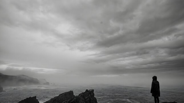 Lone figure gazes at stormy sea and cliffs