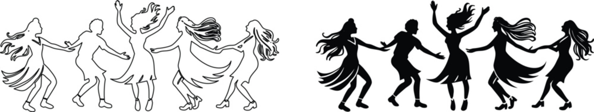 Group of joyful women and man dancing in circle line art and solid black vector silhouettes.