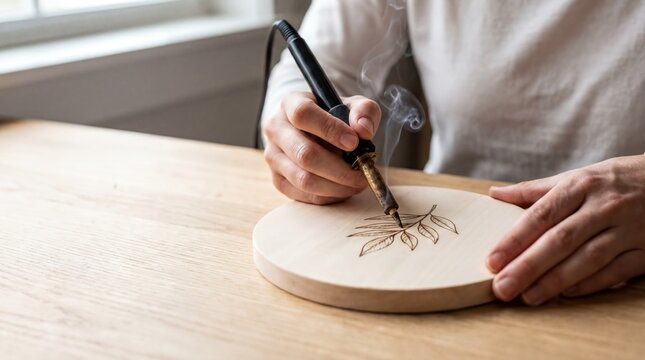Close-up of Artisan Hands Using Pyrography Tool to Burn Botanical Design on Wood Plaque