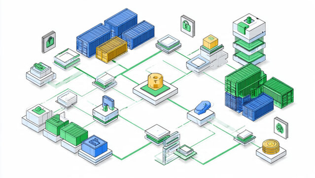 isometric digital data network with servers storage and cloud computing in green blue and yellow colors