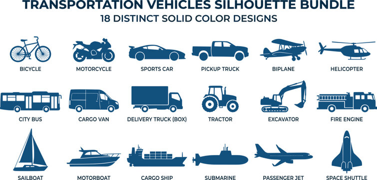 Transportation Vehicles Silhouette Bundle Featuring Land Air Sea and Space Transport Icons Collection