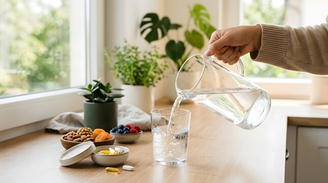 Hand Pouring Water into Glass with Healthy Snacks and Supplements