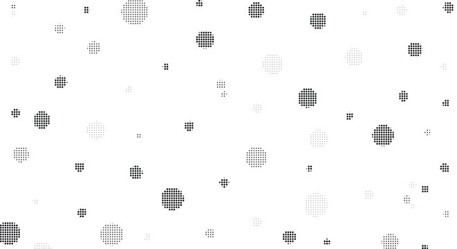 Scattered abstract halftone dots and circles forming bokeh effects on gray checkered background.