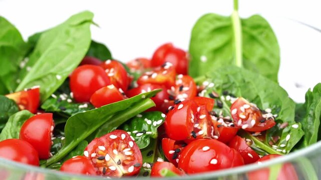 Fresh spinach leaves surround halved cherry tomatoes. Sesame seeds sprinkle the vibrant salad, adding texture. Dish looks crisp, appetizing, and full of health benefits