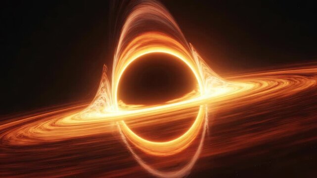 A dramatic visualization of a black hole's accretion disk, showcasing the intense gravitational pull and swirling matter emitting brilliant orange and yellow light against a dark cosmic background.
