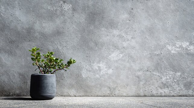 A modern composition with a single plant placed at the bottom edge of a cement background with large empty space above