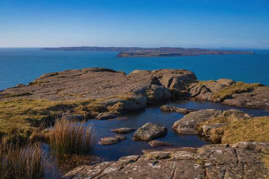 Photographed from Fair Head, Rathlin Island in County Antrim, Northern Ireland where Robert the Bruce stayed in 1306.  In the background The Mull Of Kintyre.