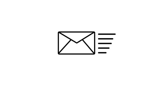 Animated mail and email sending envelope icon with flying letter, black line motion graphic, digital messaging communication concept on transparent background with alpha channel.