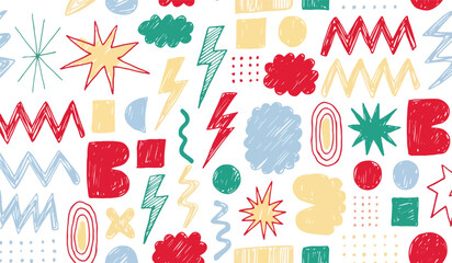 Abstract seamless pattern with colorful hand drawn doodle shapes lightning bolts clouds and geometric figures for creative school supply and kid room background designs © MMM