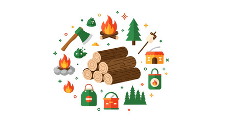 Fototapeta premium Flat Vector Camping and Forest Adventure Icons Set with Firewood, Campfire, Axe, and Pine Trees Arranged in a Circular Design