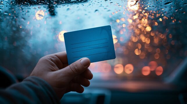 Hand holding a blue insurance card sharply focused against a blurred rainy windshield and dim car dashboard emphasizing reflections and moody lowlight ambiance at dusk.