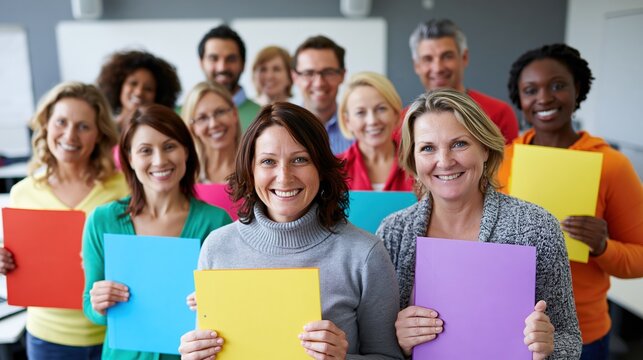 Diverse adult education group celebrating achievement in classroom