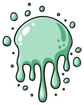 Cartoonish illustration of a green slime blob with dripping design and small droplets.