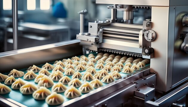automatic dumpling making machine processing gyoza on conveyor belt in food factory