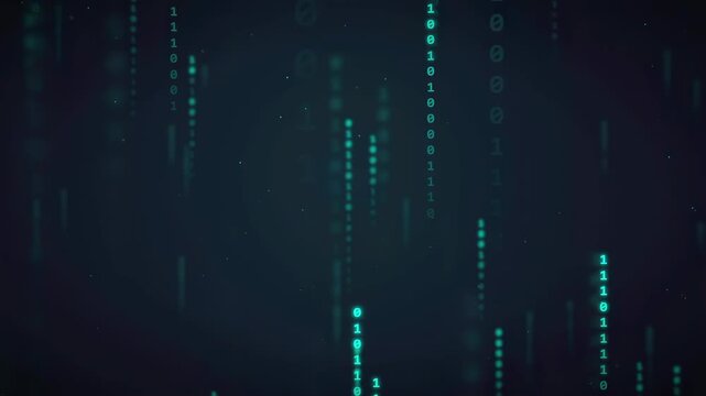 Abstract digital binary code streaming vertically on a dark blue technological background