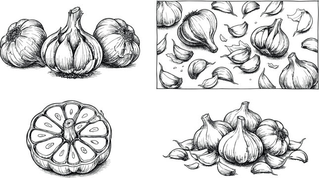 Garlic vector set with whole bulbs cloves and cross section in hand drawn engraving style illustration