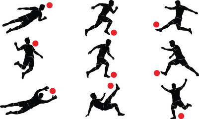 Silhouette soccer players kicking red balls © NasimaAktar