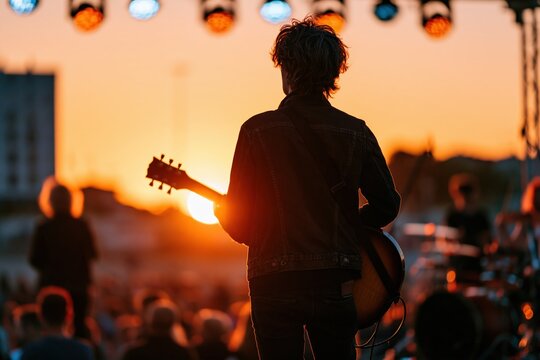Silhouetted guitarist performing on outdoor stage at sunset with band and crowd