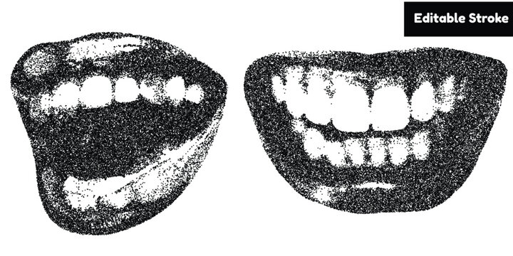 Black and White Stippled Open Mouth and Lips Vector Set - Editable Stroke.