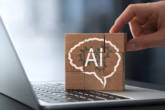 Custom AI and machine learning model customization. Wooden cubes painted with brain on laptop keyboard.