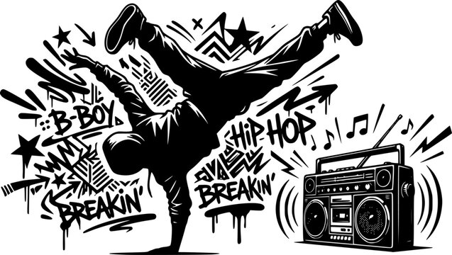 Dynamic breakdancing silhouette with boombox urban street art action pose isolated on white background
