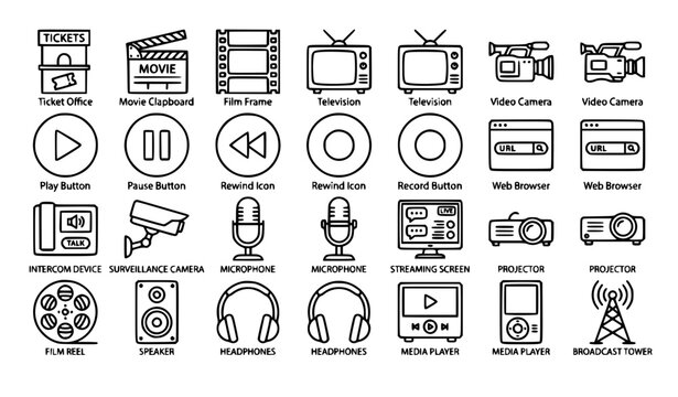 Media Production and Entertainment Thin Line Icon Set with Video Camera TV and Cinema Symbols