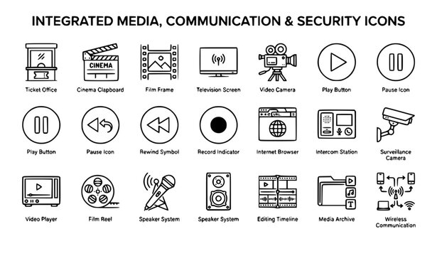 Editable Stroke Entertainment and Security Line Icons Featuring Film TV Web and Surveillance Symbols