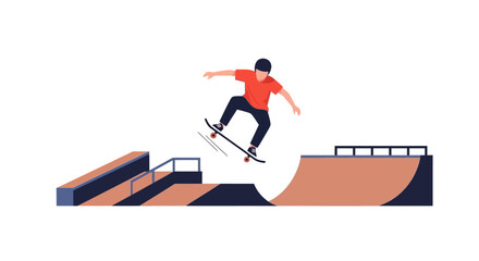 Fototapeta premium Flat Vector Illustration of a Skateboarder Performing a Jump Trick in a Skatepark on White Background