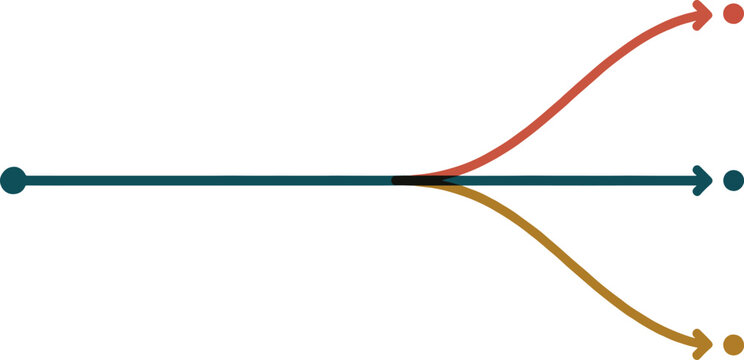 Flow diagram infographic element showing single line splitting into three distinct colored arrows for path distribution. Vector Illustration