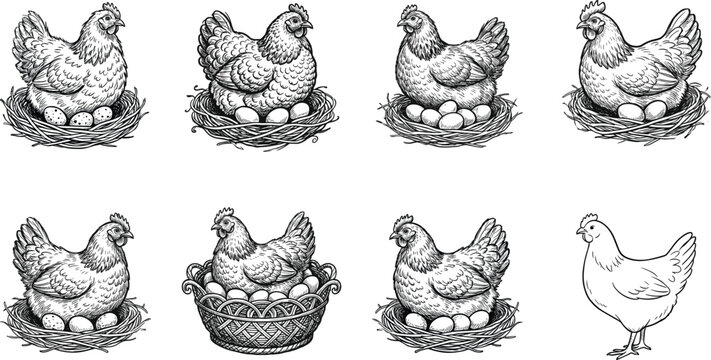 Hen in nest vector set with brooding chickens hatching eggs in hand drawn woodcut engraving style illustration