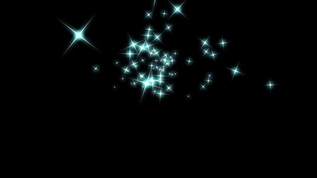 Shiny glowing stars drop on floor with fairy twinkle stars on black screen, glitter sparkle animated with star twinkling bounce animation, blinking light effect and comic manga flashes 4K