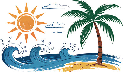 Summer beach landscape with ocean waves and tropical palm tree vector illustration for vacation travel theme backgrounds. Vector Illustration © MstSahida