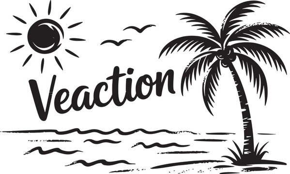 Vacation hand drawn style text with sun, palm tree, and ocean waves illustration on transparent background. Vector Illustration