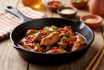 Fototapeta premium Gourmet Stir-Fried Chicken in Glossy Tomato Sauce in Cast Iron Skillet