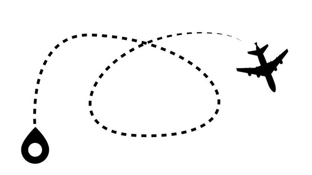 Elegant black and white plane route drawing,  flight path animation on white screen, with clean minimalist design aesthetic, outline airplane navigation path illustration asset presentation. 4k video