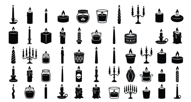 A comprehensive vector asset sheet containing a grid collection of exactly 50 unique, individual candle silhouettes .eps