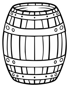Black and white cartoon illustration of a traditional wooden barrel outline for beverages