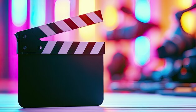 Black clapperboard with red and white stripes, lit by neon lights