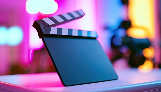 Cinematic clapperboard illuminated by vibrant neon and bokeh lights