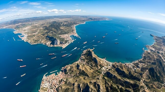 Aerial view of the strait of gibraltar with maritime shipping traffic