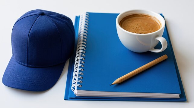 Continuing education materials with blue cap, blank folder, notebook and coffee cup on white desk