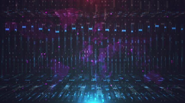 Abstract digital data stream background with glowing blue and purple particles.