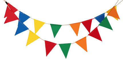 Obraz premium Colorful triangular flags strung on a line during outdoor celebration against a white background