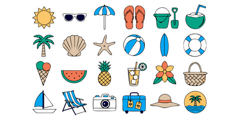 Flat design summer vacation icons in a grid for travel and leisure themes © NB_Visual_Work