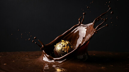 Golden Chocolate Truffle Splashing into a Pool of Melted Dark Chocolate