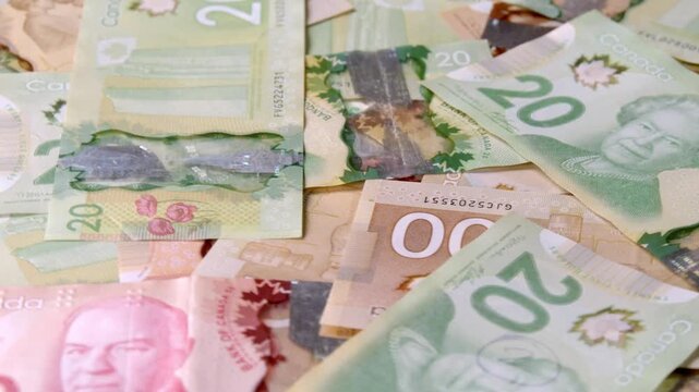 Brightly colored Canadian bills are artistically laid out, showcasing intricate designs and various denominations under soft lighting, creating a pleasing visual experience